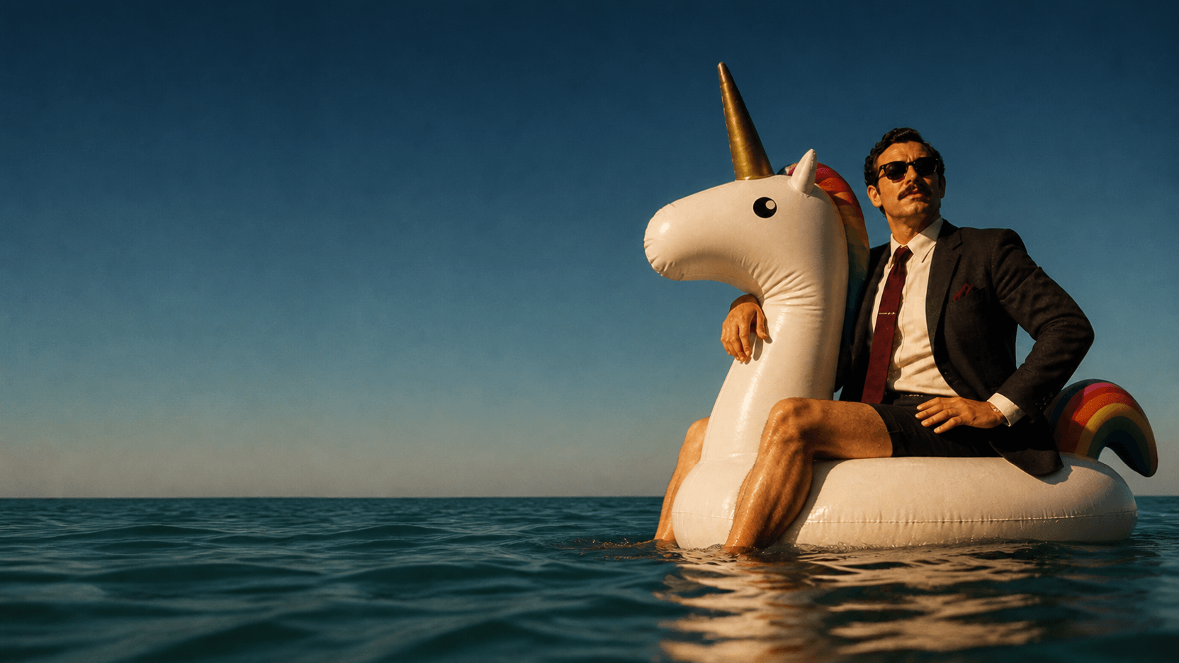 Jean, in a suit and dark sunglasses, sitting on an inflatable unicorn out at sea at sunset